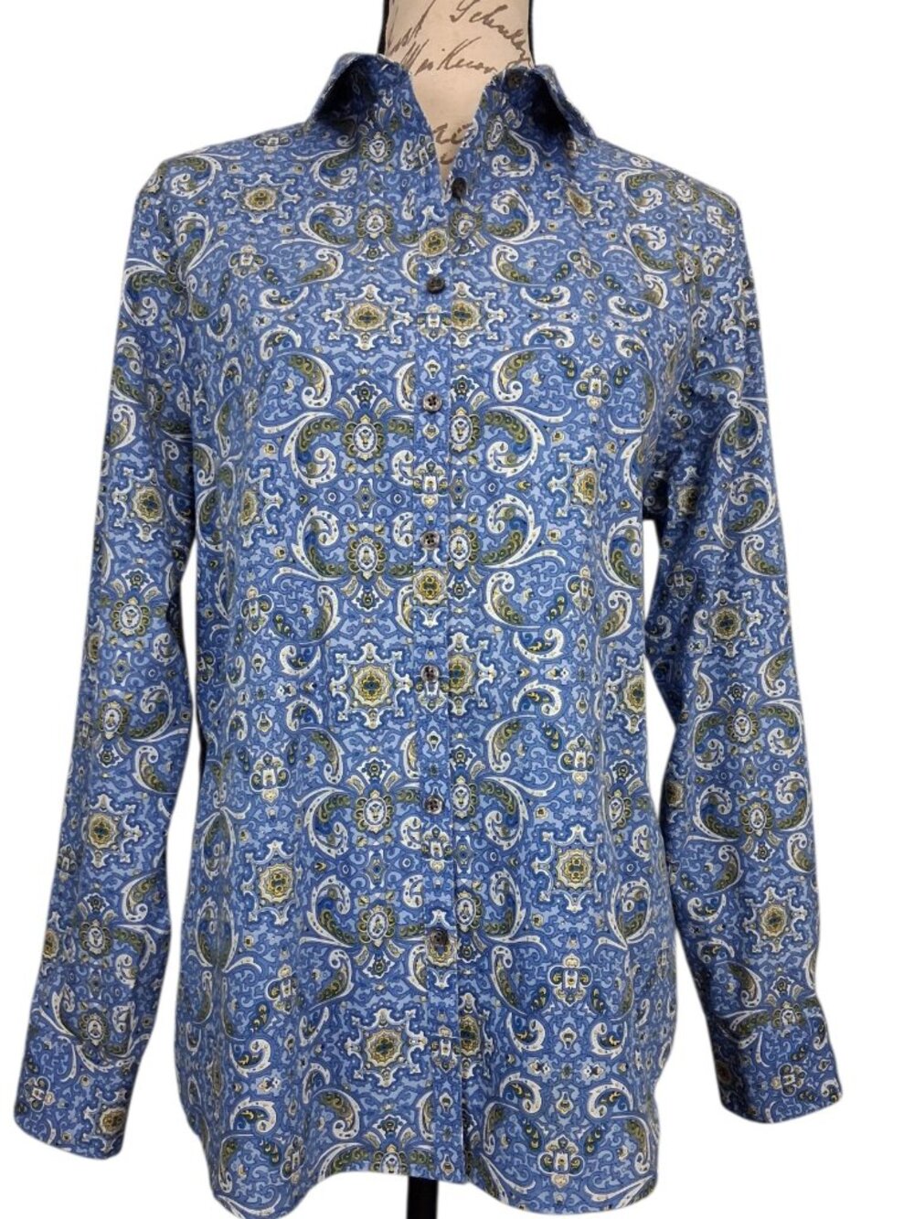 Lands' End - NO IRON Supima Cotton Blue Baroque Print Button-Down Shirt - Sz 16 - Picture 2 of 8